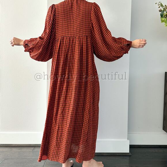 MR. LARKIN Checkered Burnt Orange Balloon Sleeves Maxi Dress - Picture 6 of 10